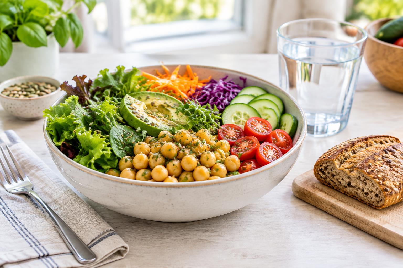 Frische ausgewogene Mahlzeit mit Gemüse, Kichererbsen und Vollkornbrot