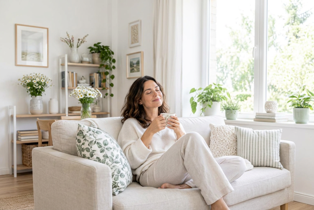 Eine Frau entspannt lächelnd mit einer Tasse Tee auf einem hellen Sofa